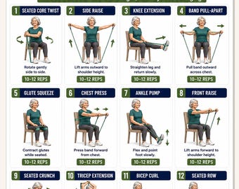 Widerstandsband Stuhlübungen Poster für Senioren, Stuhlbeweglichkeitstraining, Workout-Chart für ältere Menschen und Herbstprävention PDF