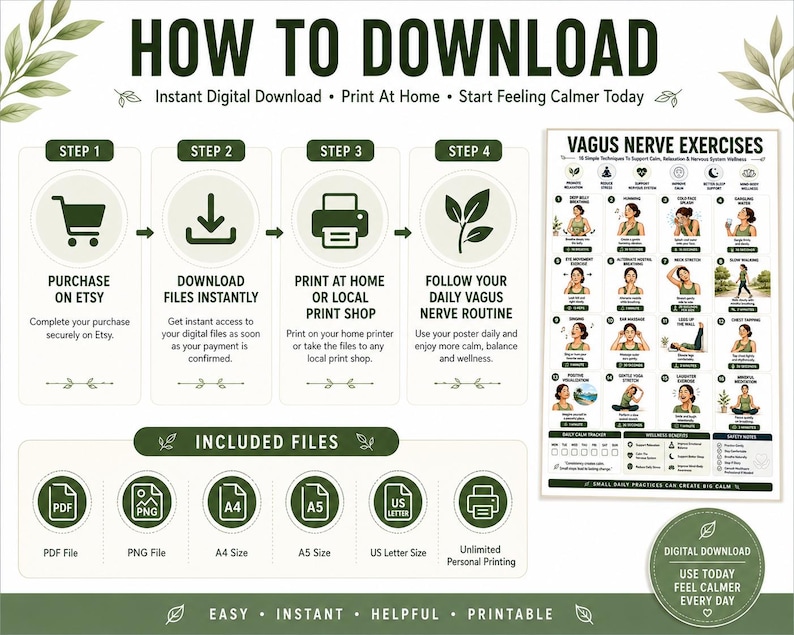 Vagus Nerve Exercises Printable, Breathing and Relaxation Routine, Gentle Movement Exercises, Daily Routine Chart, PDF Poster