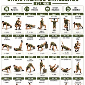 Pode incluir: Um gráfico de desafio de calistenia militar de 28 dias com uma grade de rotinas de exercícios diários. Cada caixa exibe o número do dia, o nome do exercício, uma ilustração visual do movimento e as repetições ou duração necessárias.