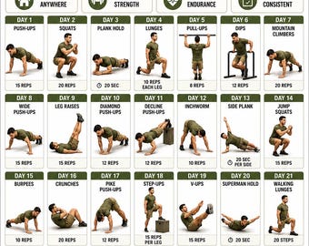 28 Day Military Calisthenics|Workout Plan Printable | Full Body Bodyweight Training Chart | Bootcamp-Style No-Equipment Home Fitness Workout