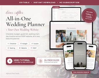 Digital Wedding Planner with Wedding Website, Wedding Checklist, Budget Tracker, Guest List, Seating Chart, RSVP Form, Instant Download