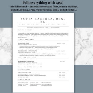 May include: A white resume template with the name "SOFIA RAMIREZ, BSN, RN" at the top. The resume includes sections for nursing summary, clinical experience, education, licensure, certifications, and clinical skills. The text "Edit everything with ease!" is at the top.