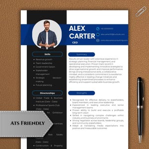 以下が含まれることがあります： 顔写真、連絡先、スキル、役職、概要、強みのセクションを備えた、プロフェッショナルな履歴書のテンプレート。履歴書は、ATSに対応するように設計されており、白黒の配色と隅にペンが配置されています。