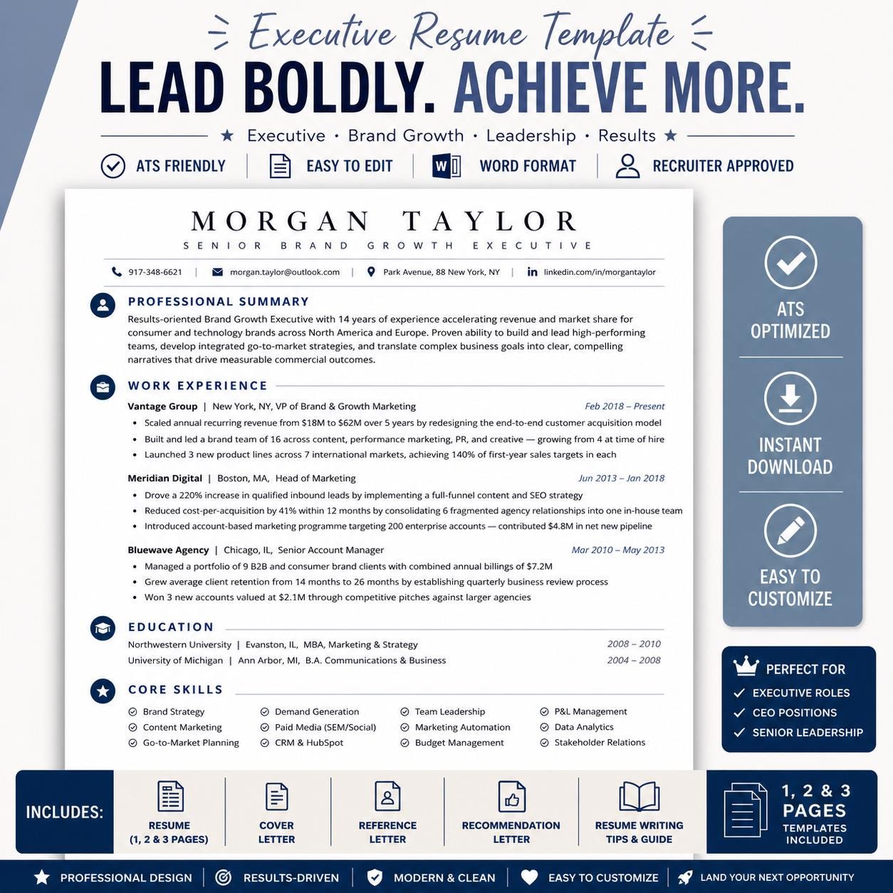 Executive Resume Template | Modern C Level Resume Template for Word ...