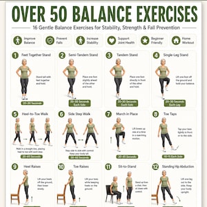 May include: A digital exercise chart titled Over 50 Balance Exercises featuring 16 numbered illustrations of a person demonstrating movements for stability and fall prevention. The document includes text instructions, time durations, and repetition counts.