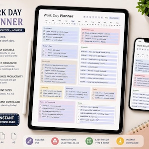 Work Day Planner | Work Day Organizer|Daily Work Schedule | Work Task Planner | Daily To Do List|Hourly Daily Planner |Productivity Planner