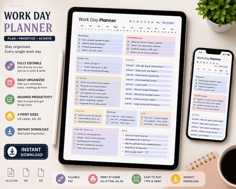 Work Day Planner | Work Day Organizer|Daily Work Schedule | Work Task Planner | Daily To Do List|Hourly Daily Planner |Productivity Planner