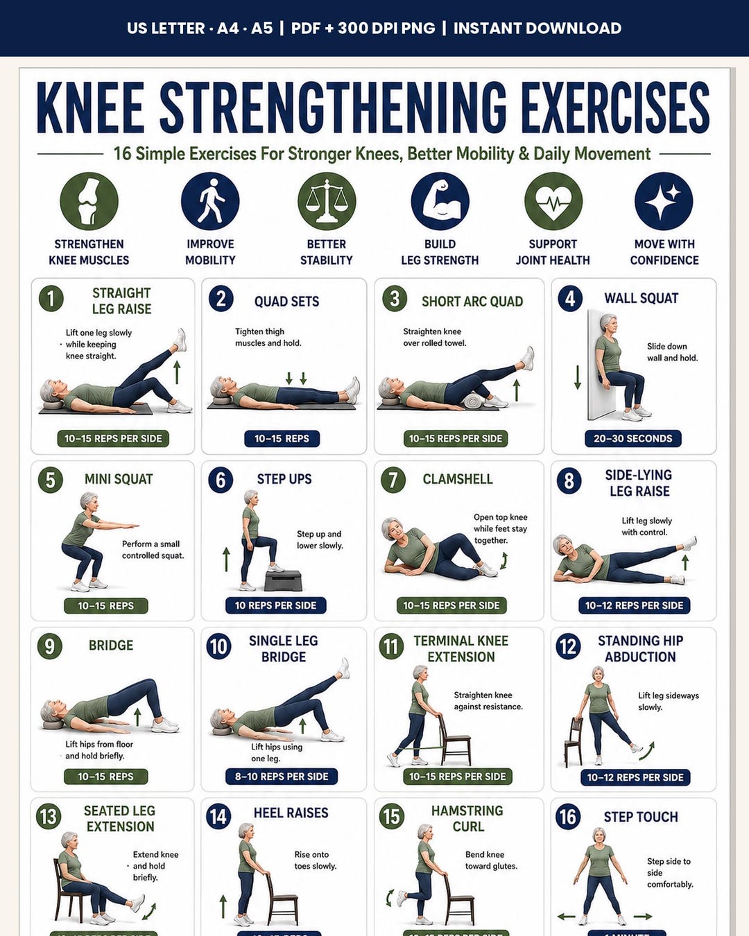 Knee Strengthening Exercises Printable Chart | 16 Gentle Movements for ...