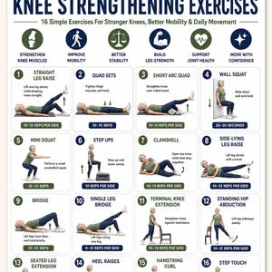 May include: A digital chart titled KNEE STRENGTHENING EXERCISES featuring 16 numbered illustrations of a person performing physical therapy movements. The layout includes text instructions, repetition counts, and icons for mobility, stability, and strength.