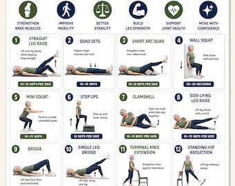Knee Strengthening Exercises Printable Chart, 16 Gentle Movements for Strong and Stable Knees, Knee Workout PDF Poster
