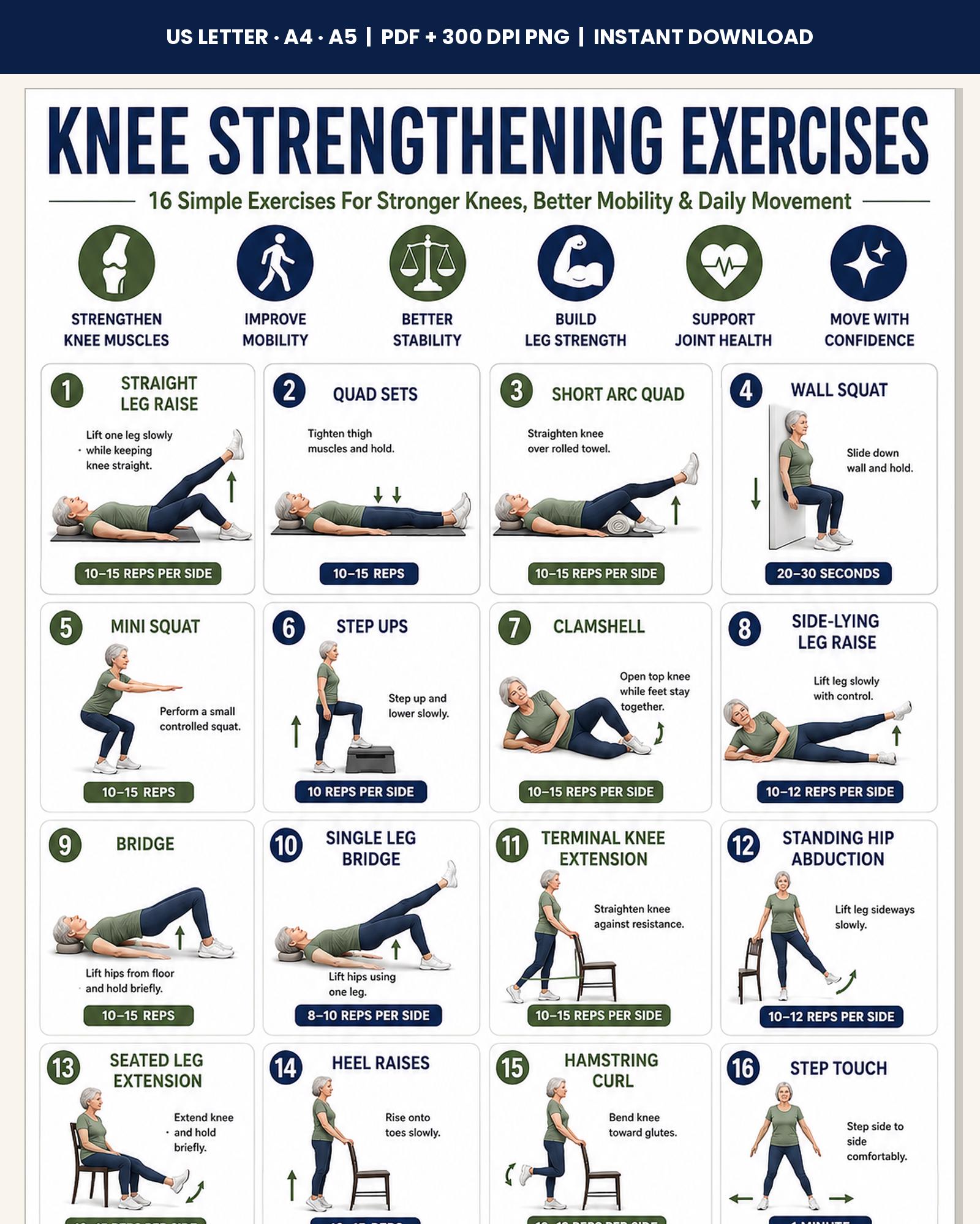 Knee Strengthening Exercises Printable Chart | 16 Gentle Movements for ...