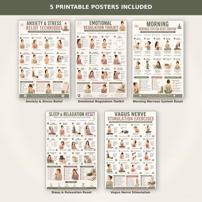mental health bundle, anxiety relief, vagus nerve poster, nervous system, stress relief, emotional regulation, wellness printable, sleep reset, self care bundle, anxiety poster, mindfulness poster, mental wellness, breathing exercises