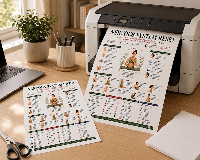 Nervous System Reset Printable, Somatic Techniques Poster for Stress Relief Anxiety, Vagus Nerve & Grounding Guide, A4 US Letter PDF