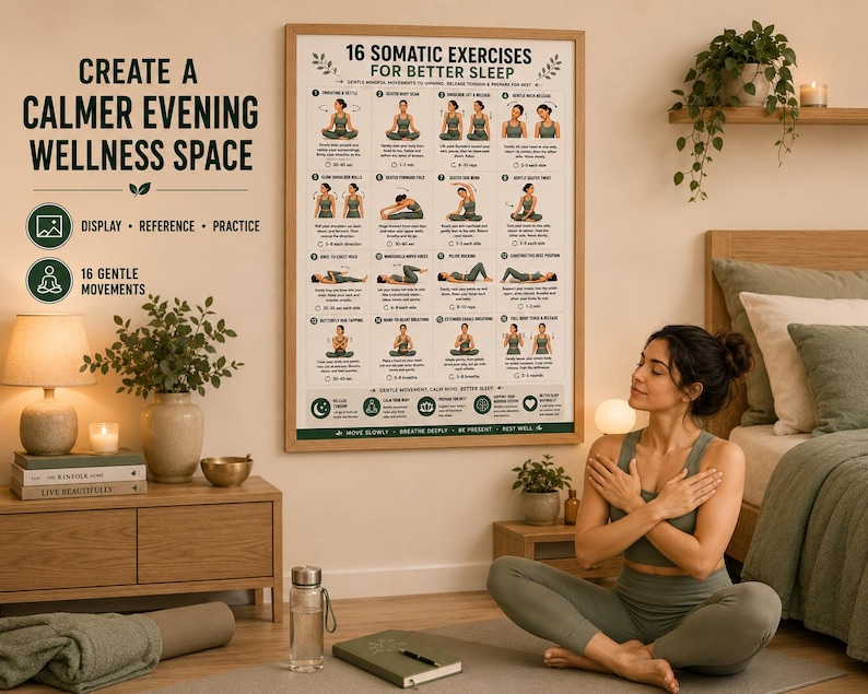 May include: A rectangular wall poster titled 16 Somatic Exercises for Better Sleep, featuring sixteen illustrated figures demonstrating gentle movements with instructional text, displayed in a light wood frame on a wall.