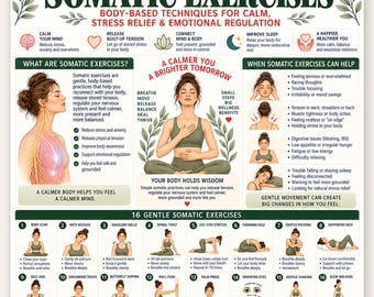 16 Somatic Exercises Poster, Body-Based Techniques for Calm, Nervous System Stress Relief Chart, Gentle Movement Wellness Self Care PDF