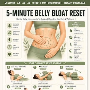 belly bloat relief • anti bloating routine • debloat exercises • digestive comfort • bloating remedy • gut wellness poster • gentle stretching routine • self care wall art • belly massage guide