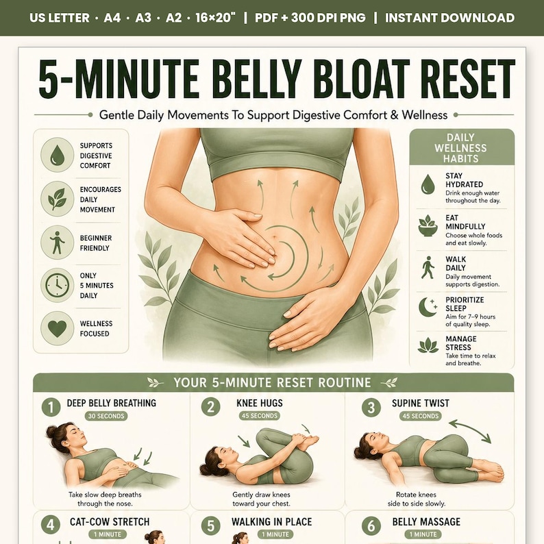 belly bloat relief • anti bloating routine • debloat exercises • digestive comfort • bloating remedy • gut wellness poster • gentle stretching routine • self care wall art • belly massage guide