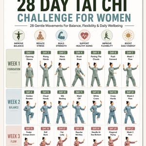 May include: A 28-day Tai Chi challenge chart for women featuring daily movement illustrations in green and pink outfits. The document includes text headers, icons for health benefits, and a structured grid layout for weeks one through four.