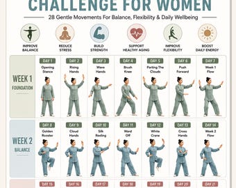 28 Day Tai Chi Challenge for Women Printable PDF, 4 Week Balance & Flexibility Program for All Levels, Gentle Daily Wellness Workout Poster