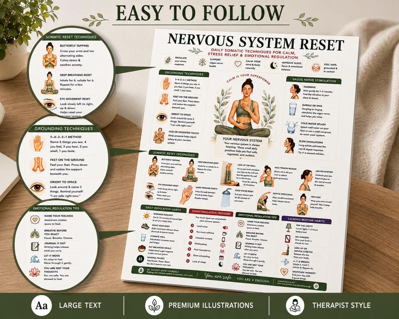 Nervous System Reset Printable, Somatic Techniques Poster for Stress Relief Anxiety, Vagus Nerve & Grounding Guide, A4 US Letter PDF