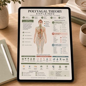 May include: A digital tablet displaying an educational infographic titled Polyvagal Theory Explained. The chart features a central human anatomy illustration with nervous system pathways, text sections on system states, regulation tips, and daily habits.