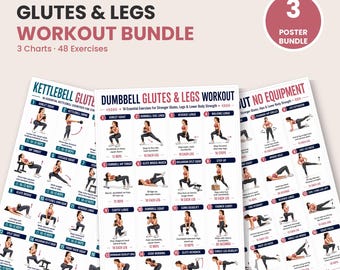 Träningspaket för sätesmuskler och ben | 3 utskrivbara diagram 48 övningar | Hantel, kettlebell, kroppsvikt, rumpa | Affisch för bendagen | Direkt nedladdning