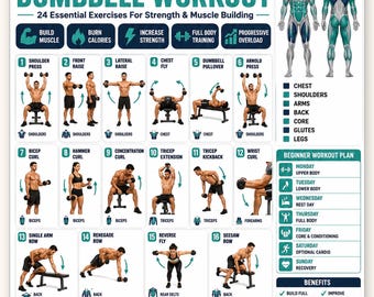 Full Body Dumbbell Workout Poster Printable | 24 Exercises + Weekly Plan | Home Gym Strength Training Chart | Instant Download