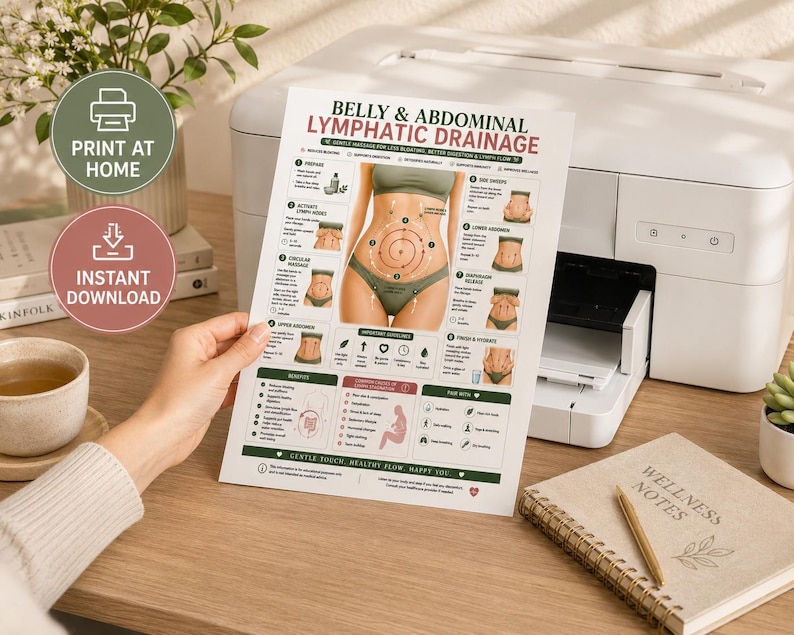 Belly Abdominal Lymphatic Drainage Massage Poster Printable| Stomach Massage Chart | Bloating Relief  | Wellness Printable A4 US Letter
