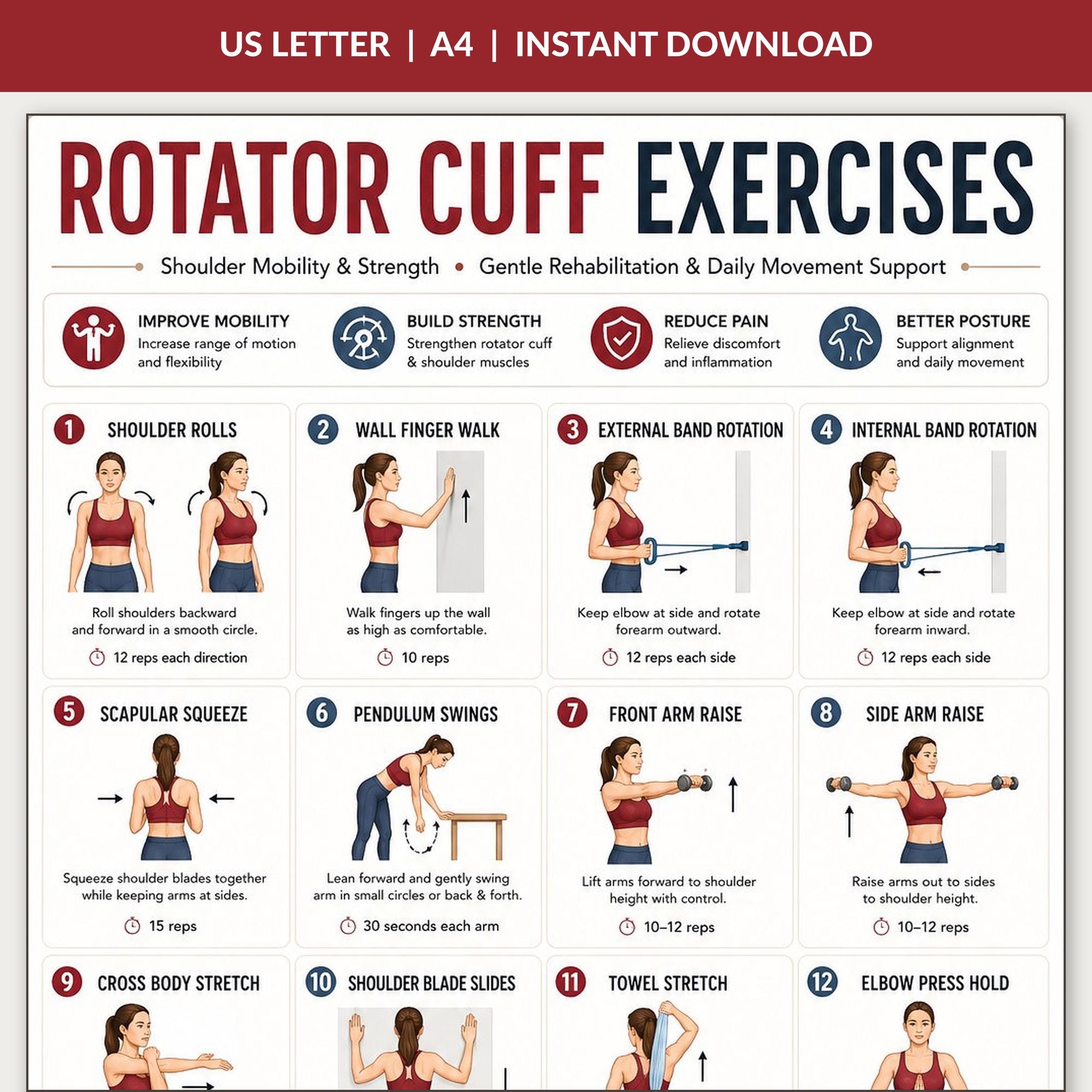Rotator Cuff Exercises Printable, Shoulder Rehab Mobility Chart, 16 ...