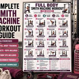 以下が含まれることがあります： Full Body Smith Machine Workout for Womenと題されたフレーム付きのワークアウトポスター。16種類のイラスト付きエクササイズ、セット数、回数、フォームのヒントが記載されています。トレーニングスケジュール、成功のためのヒント、進捗トラッカーが含まれています。