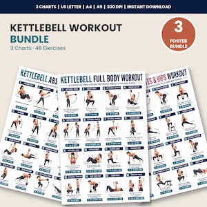 Könnte beinhalten: Ein digitales Kettlebell-Trainingspaket mit drei Übersichtstafeln und insgesamt 48 Übungen. Die Tafeln tragen die Titel Kettlebell Abs, Kettlebell Full Body Workout und Kettlebell Glutes & Hips. Jede Tafel zeigt nummerierte Bewegungsabläufe mit Anleitungen und Wiederholungszahlen.