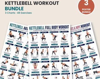 Zestaw ćwiczeń z kettlebell | 3 tabele do druku, 48 ćwiczeń | Brzuch, Tułów, Pośladki, Całe ciało | Plakat do ćwiczeń siłowych w domowej siłowni | Pobierz natychmiast