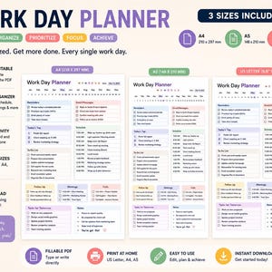 Work Day Planner | Work Day Organizer|Daily Work Schedule | Work Task Planner | Daily To Do List|Hourly Daily Planner |Productivity Planner