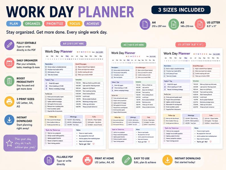 Work Day Planner | Work Day Organizer|Daily Work Schedule | Work Task Planner | Daily To Do List|Hourly Daily Planner |Productivity Planner