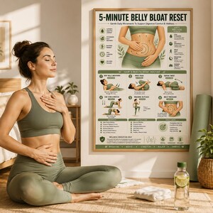 belly bloat relief • anti bloating routine • debloat exercises • digestive comfort • bloating remedy • gut wellness poster • gentle stretching routine • self care wall art • belly massage guide
