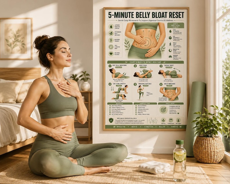 belly bloat relief • anti bloating routine • debloat exercises • digestive comfort • bloating remedy • gut wellness poster • gentle stretching routine • self care wall art • belly massage guide