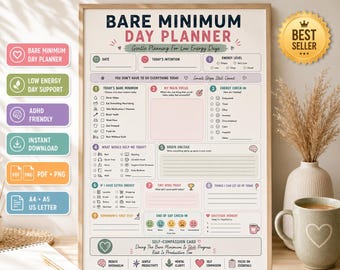 Bare Minimum Day Planner Printable | Low Energy Day Self Care Sheet | Gentle Productivity Mental Health Planner | ADHD & Mental Health PDF
