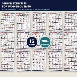以下が含まれることがあります： Senior Exercises for Women Over 50と題された15枚の印刷可能なエクササイズガイドのコレクションで、200以上のイラスト付き動作が掲載されています。白いチャートには28-Day Fitness Challenge、Wall Pilates、Core Exercisesなどの見出しがあり、濃い青とティール色の円形バッジが15 Chartsと200+ Exercisesを強調しています。