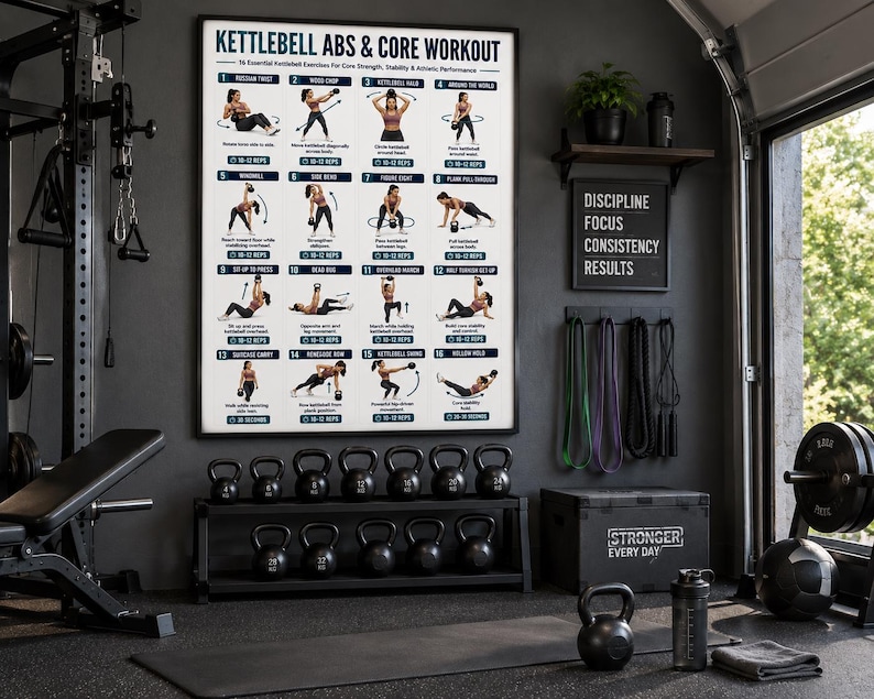 Full Body Kettlebell Exercises, Kettlebell Workout Poster For Beginner, Strength & Conditioning Training Routine Home Gym Wall Art Printable