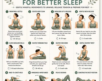 May include: A printable guide titled 16 Somatic Exercises for Better Sleep, featuring numbered illustrations of a person in sage green activewear performing various movements, with instructional text and time durations for each exercise.