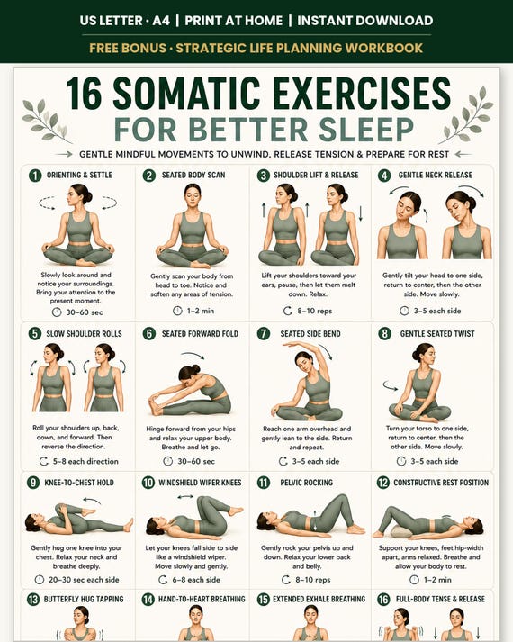 16 Somatic Exercises for Better Sleep | Bedtime Wind-Down Routine Printable | Gentle Mindful Movement Guide | Sleep & Relaxation Wall Art