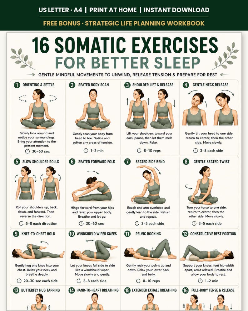 16 Somatic Exercises for Better Sleep | Bedtime Wind-Down Routine Printable | Gentle Mindful Movement Guide | Sleep & Relaxation Wall Art