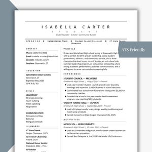 May include: A black and white CV titled "ISABELLA CARTER" detailing academic achievements, skills, and experience. The document lists contact details, education, and extracurricular activities such as tennis and Model UN.