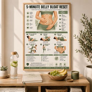 belly bloat relief • anti bloating routine • debloat exercises • digestive comfort • bloating remedy • gut wellness poster • gentle stretching routine • self care wall art • belly massage guide