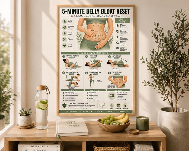 belly bloat relief • anti bloating routine • debloat exercises • digestive comfort • bloating remedy • gut wellness poster • gentle stretching routine • self care wall art • belly massage guide