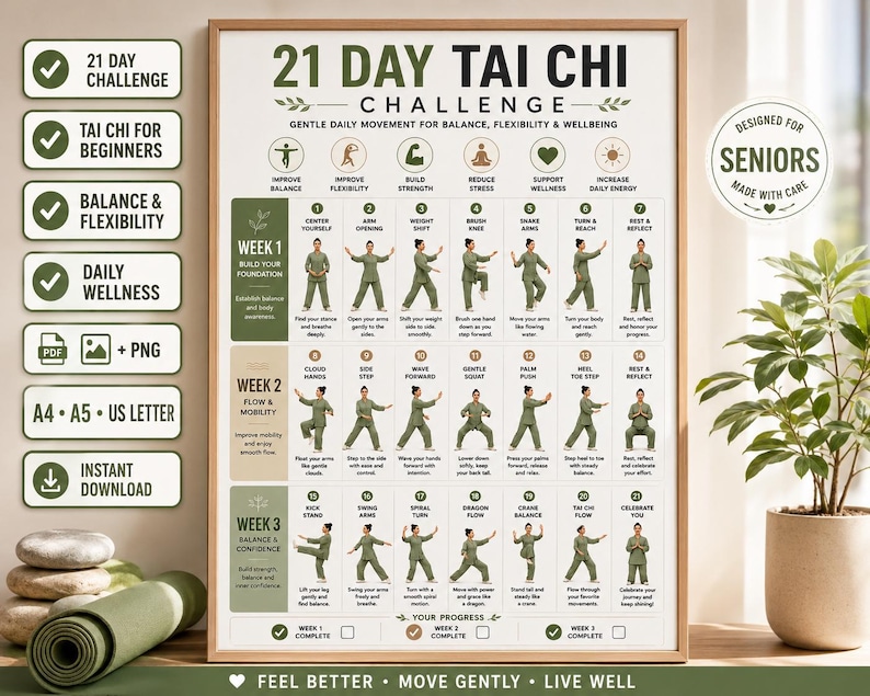 21 Day Tai Chi Challenge Printable | 3 Week Gentle Tai Chi Program for ...