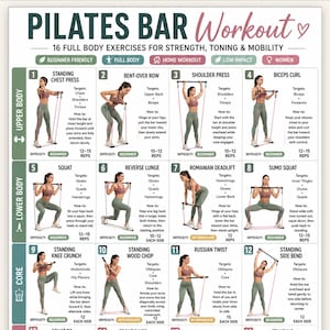 Könnte beinhalten: Ein digitales Pilates-Stangen-Trainingsdiagramm mit 16 Ganzkörperübungen und Illustrationen einer Person, die eine Widerstandsstange verwendet. Der Text enthält Titel, Übungsnamen, Zielmuskelgruppen, Anleitungen und Wiederholungszahlen.