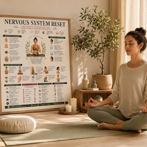 Puede incluir: Un p&oacute;ster educativo enmarcado titulado NERVOUS SYSTEM RESET que presenta t&eacute;cnicas som&aacute;ticas diarias para el alivio del estr&eacute;s y la regulaci&oacute;n emocional, con instrucciones ilustradas, iconos y texto explicativo detallado.