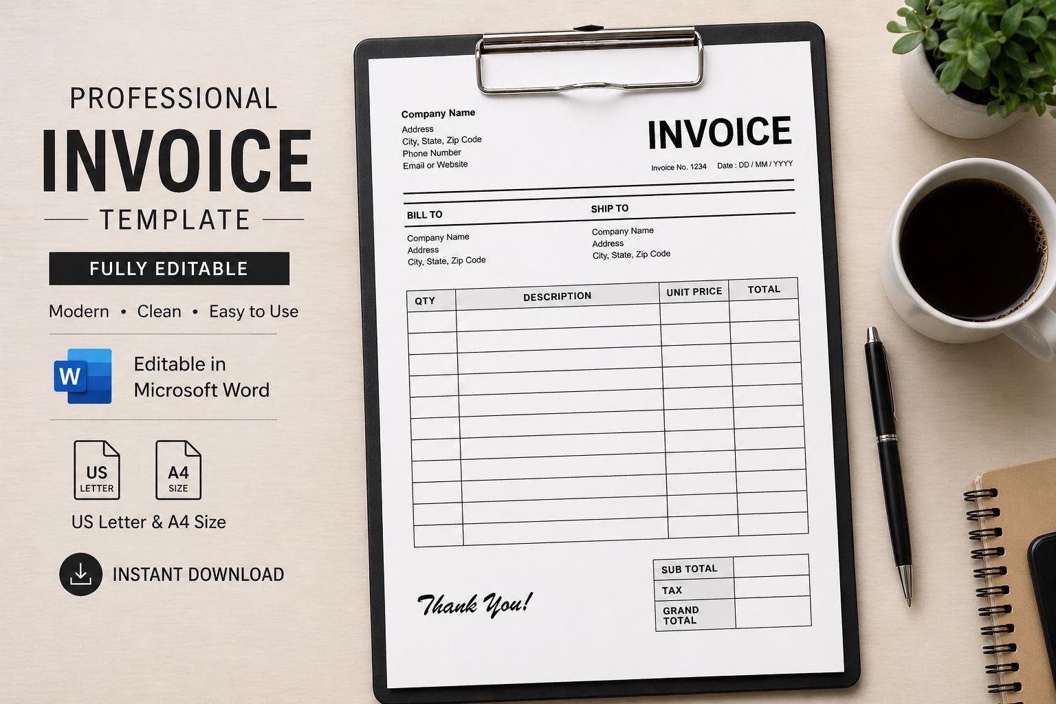 Editable Invoice Template: Printable Microsoft Word Invoice + Excel (A4 ...