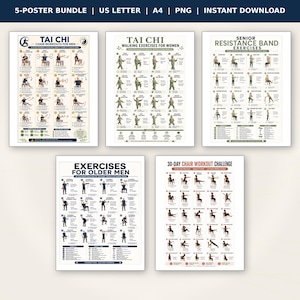 May include: A 5-poster bundle of digital exercise charts featuring Tai Chi chair workouts, walking exercises, senior resistance band routines, exercises for older adults, and a 30-day chair workout challenge, all available as US Letter and A4 PNG files.